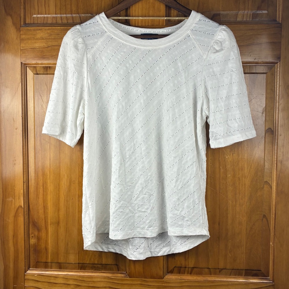 Democracy Womens L White Textured Pointelle Puff Sleeve Top Cottage Casual